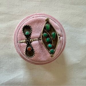 Vintage 1970s sterling silver Navajo rings with turquoise and red coral